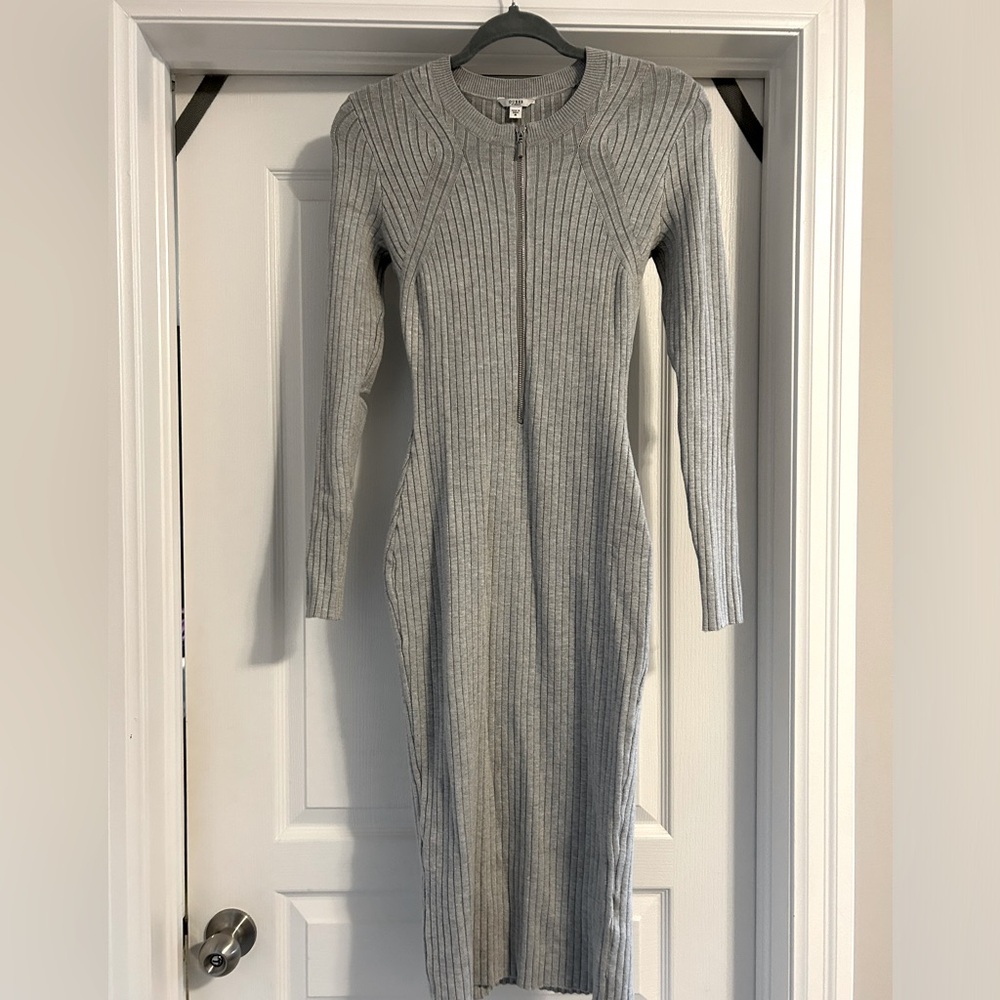 Guess Gray Ribbed Long Sleeve Midi Dress